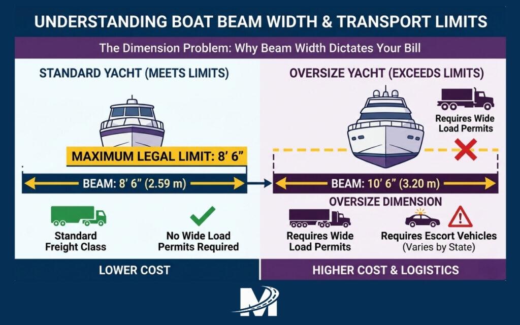 Infographic showing boat beam width and oversize limits for transport