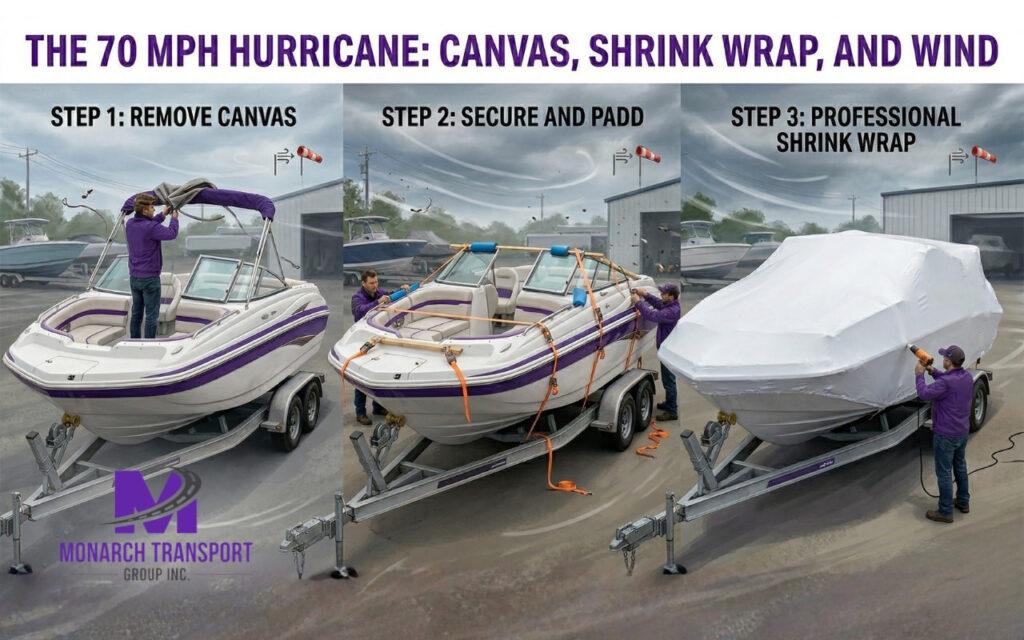 Boat prepared for transport with canvas removed and shrink wrap applied