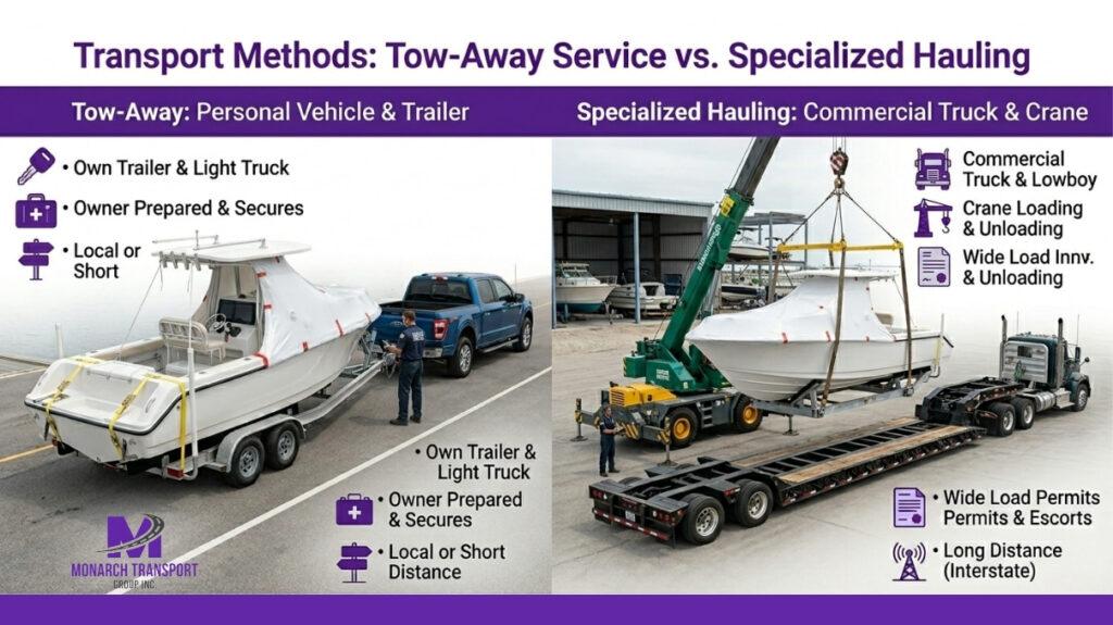 Comparison of tow-away and flatbed boat transport methods
