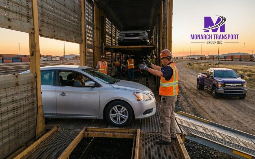 Monarch - Car Shipping by Train (2) Cars being loaded into auto rack railcar with support truck nearby