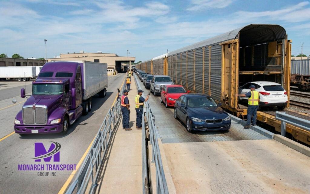Monarch - Car Shipping by Train (6) (1) Cars queuing on a ramp to load into a train for transport in 2026