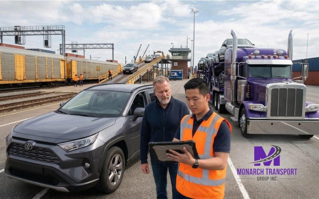 Monarch - Car Shipping by Train (7) Car pickup after rail transport at terminal with transport truck nearby