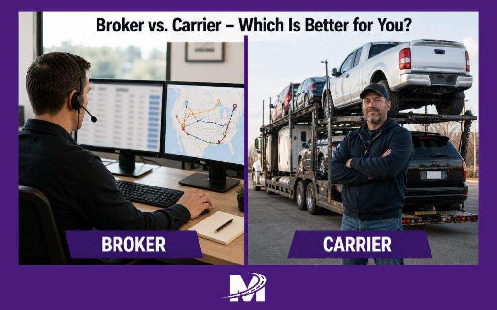 Comparison between an auto transport broker coordinating shipments and a carrier physically transporting vehicles.