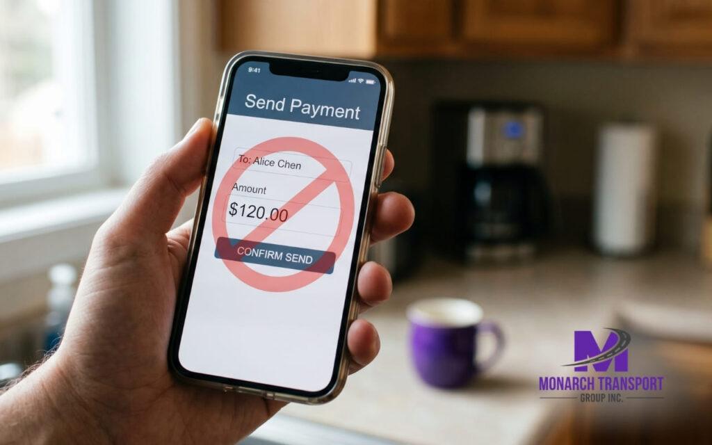Warning against paying full car shipping costs upfront via wire transfer or payment apps — a common auto transport scam.