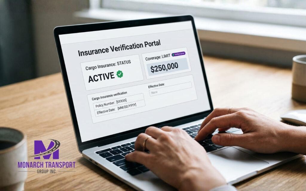 Verifying active cargo insurance coverage of an auto transport company through the FMCSA portal.