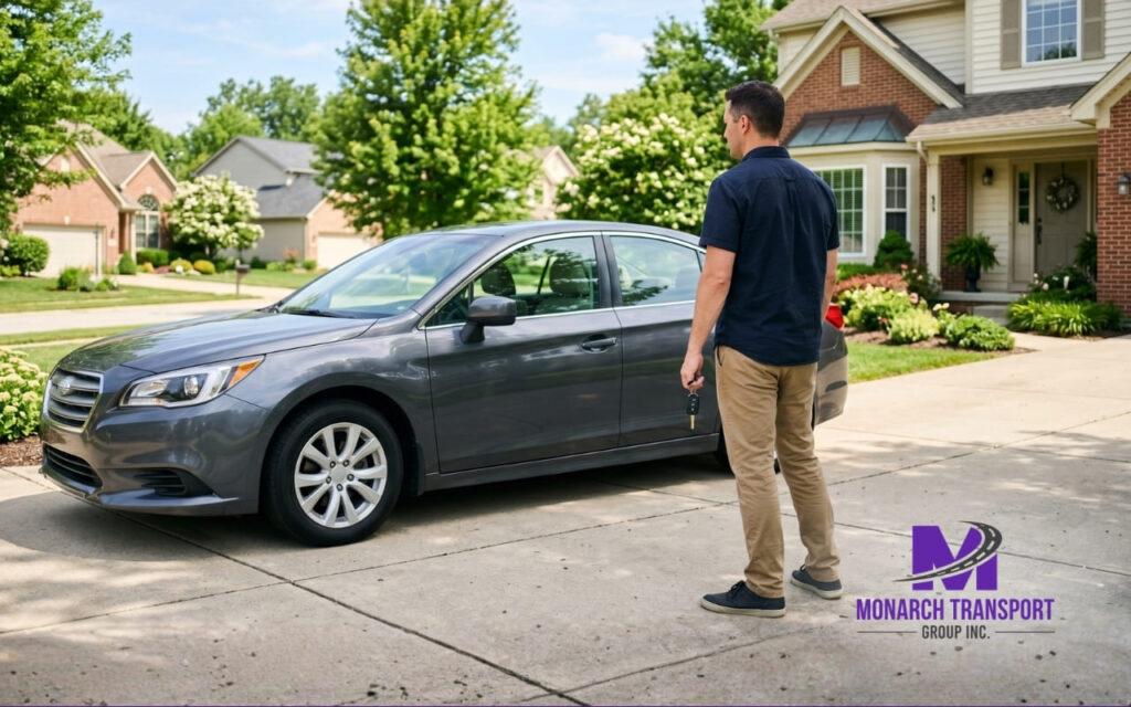 Car owner standing next to successfully delivered vehicle after choosing a reliable auto transport company.