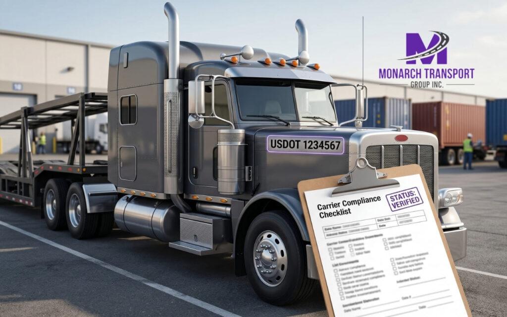 Verifying an auto transport company's DOT number and authorized status online before booking a car shipment.