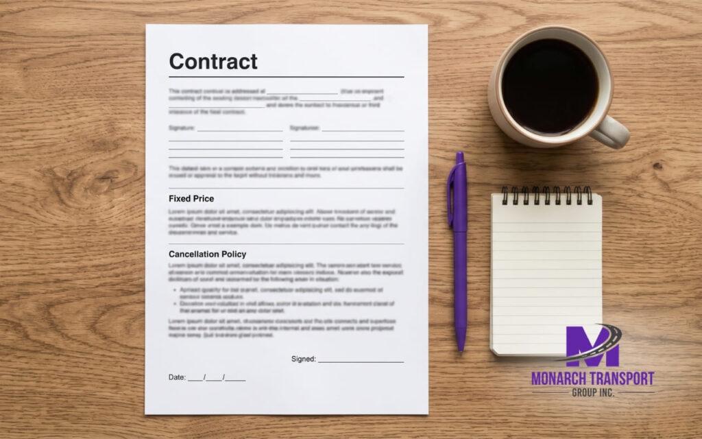 Auto transport contract with fixed price and cancellation policy ready to be signed.