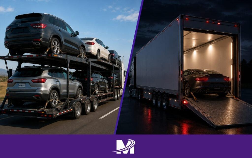 Comparison of an open transport vehicle for everyday cars and an enclosed trailer for premium class from Monarch.