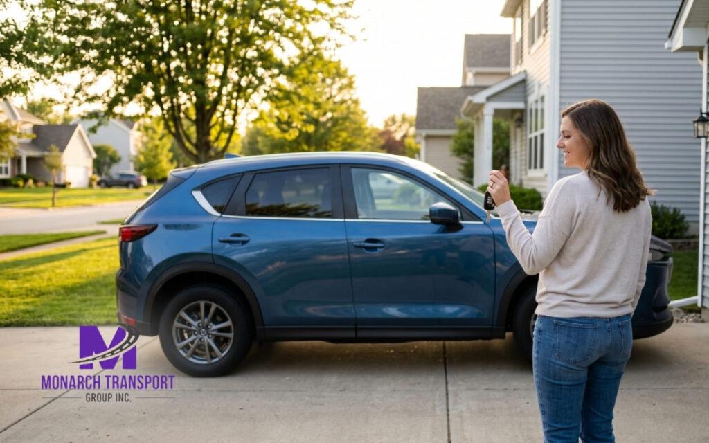 New car successfully delivered to the owner's home after online purchase and transport
