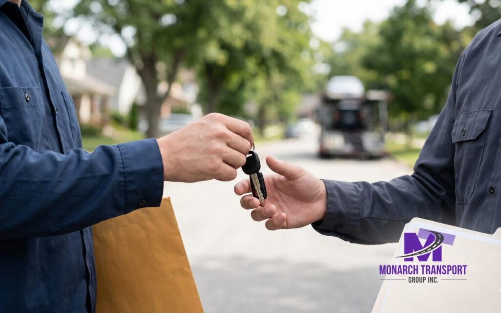 Seller hands over the keys and car documents to the Monarch car carrier driver during pickup.