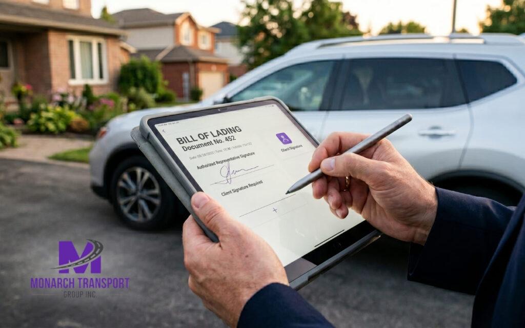The customer signs the Bill of Lading after a detailed inspection of the delivered car.