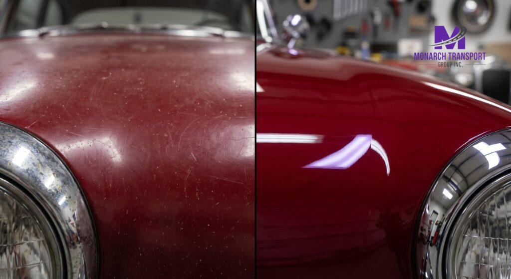 Close-up of the perfectly polished paint and chrome of a classic car, demonstrating the need for protection.