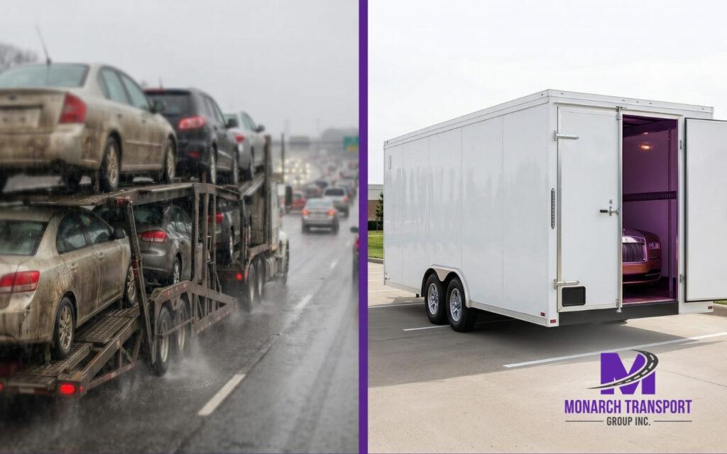 Comparison of an open car carrier on a dirty road and a clean enclosed trailer for transporting luxury cars.