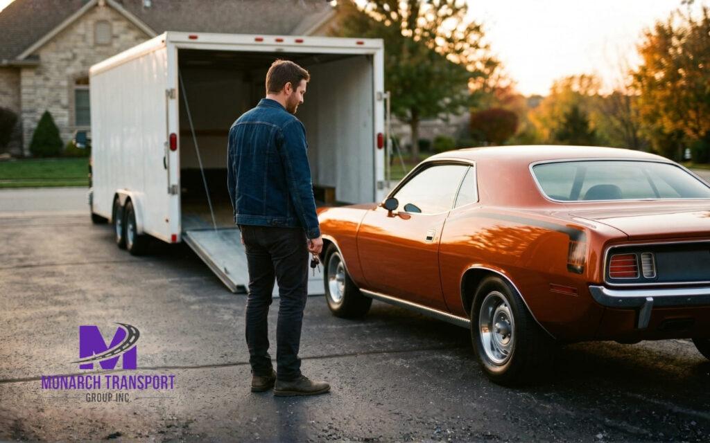 A happy owner receives the keys to his classic car after a safe delivery by covered car carrier.