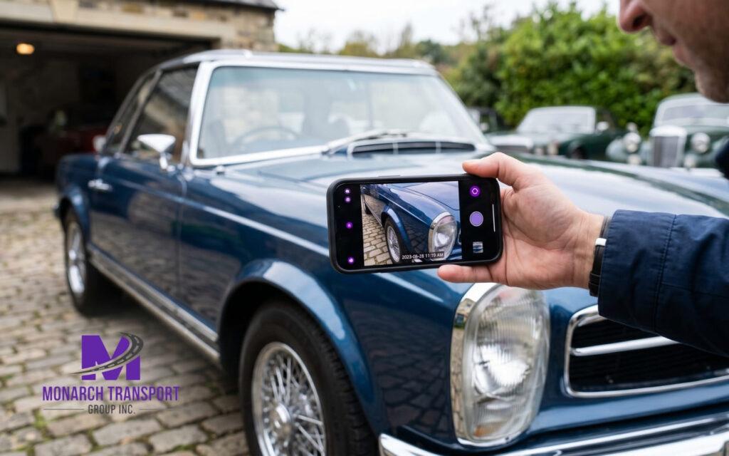 The owner takes a detailed photo of the classic car on the smartphone with a timestamp before shipping.
