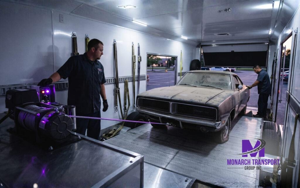A non-running vintage car is being carefully winched into the covered trailer using a cable.