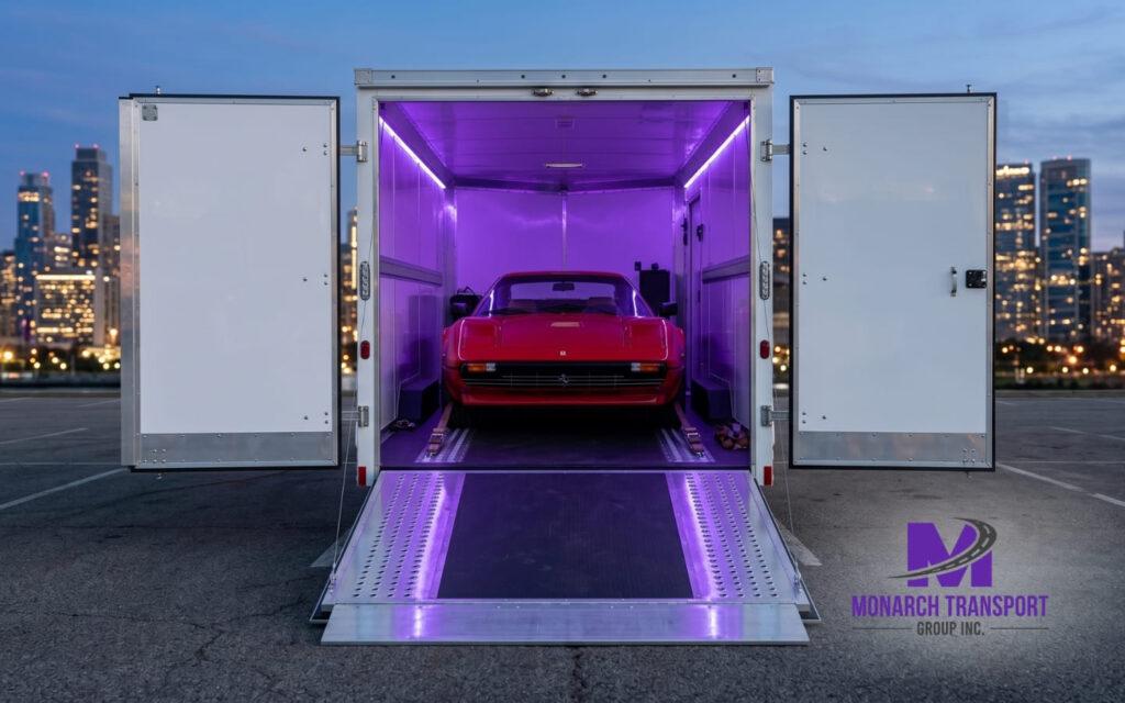 A classic Ferrari sports car loaded inside a white enclosed transport trailer with purple interior lighting, parked against an evening city skyline.
