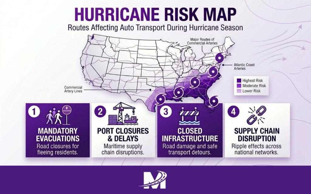 Map of the United States highlighting hurricane-prone regions affecting auto transport routes.
