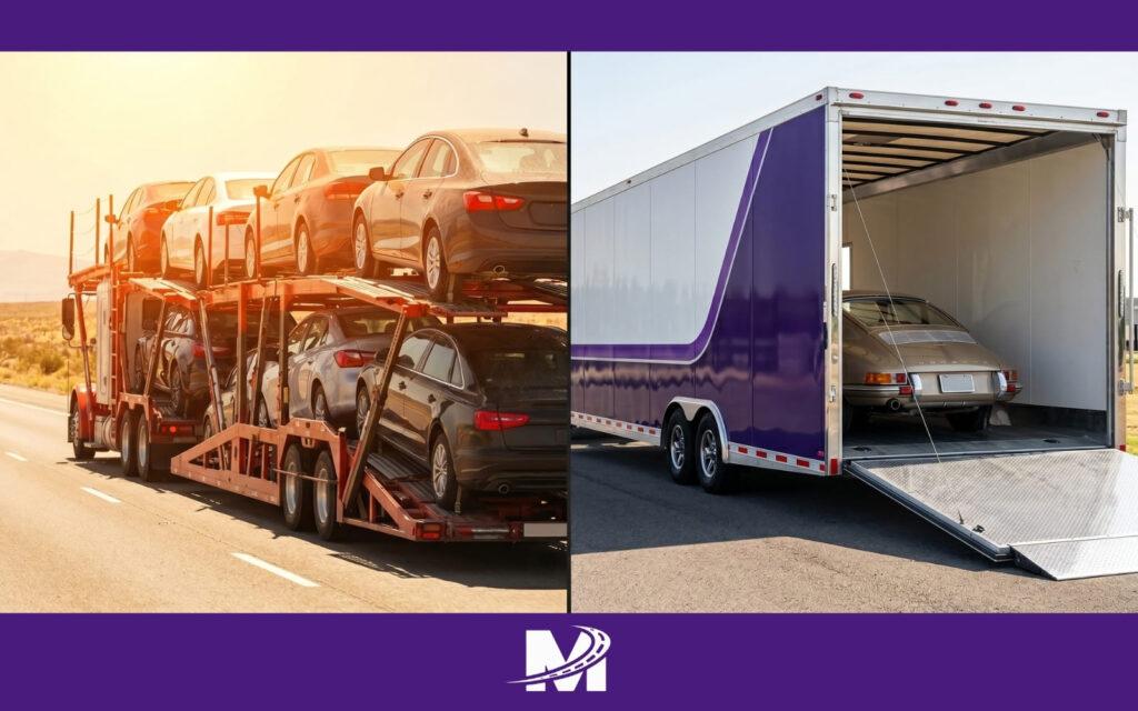 Side-by-side comparison of an open car carrier and an enclosed transport trailer.