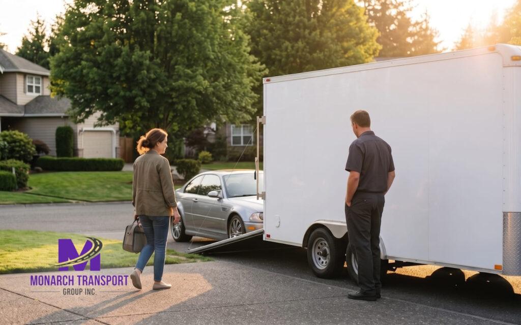 A professional Monarch Auto Transport driver greeting a customer for vehicle pickup.