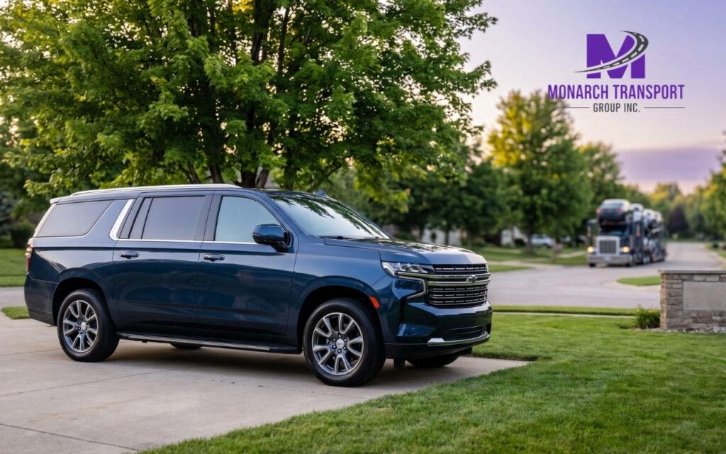 A successfully delivered vehicle parked at a northern home after a seasonal snowbird transport.