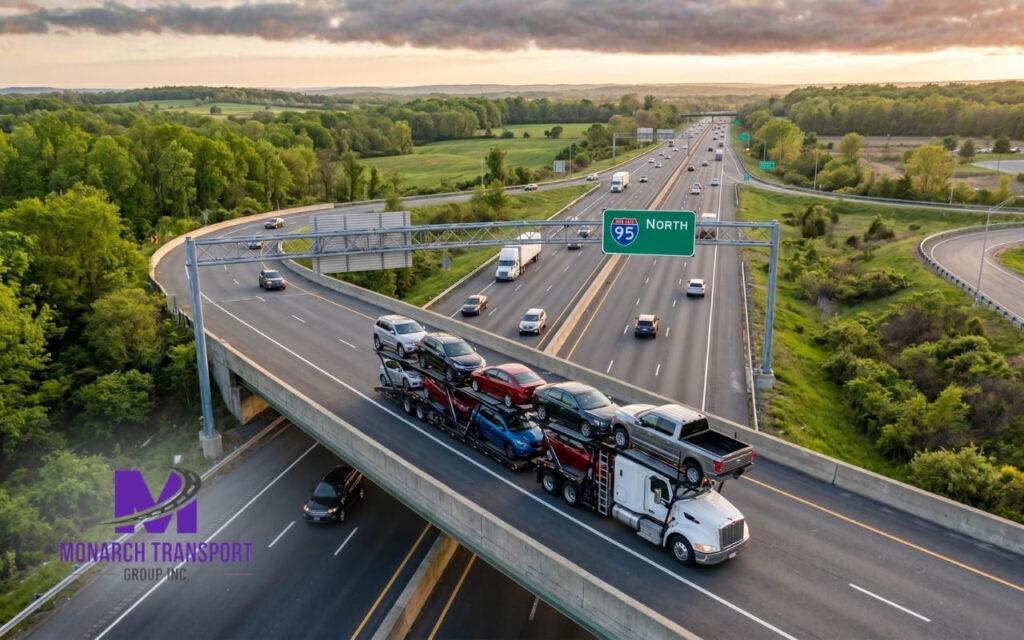  An auto transport truck traveling along a major US interstate corridor during the spring migration.
