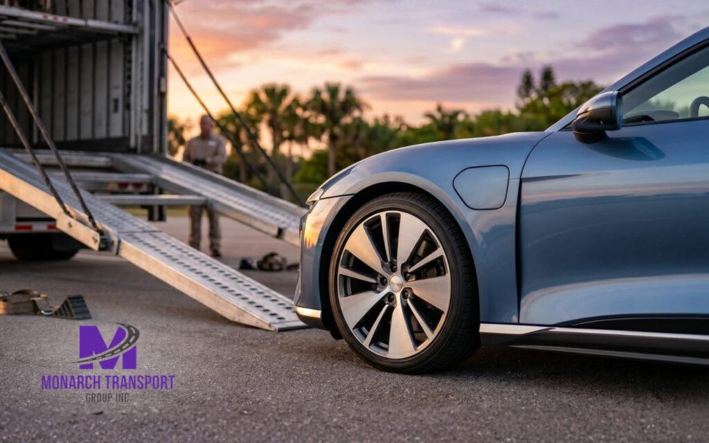 A modern electric vehicle prepared for transport, following specific battery safety protocols.