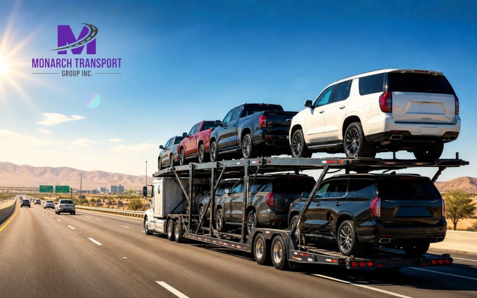 A fully loaded car transport carrier moving vehicles across a sun-drenched American highway during the peak summer shipping season.