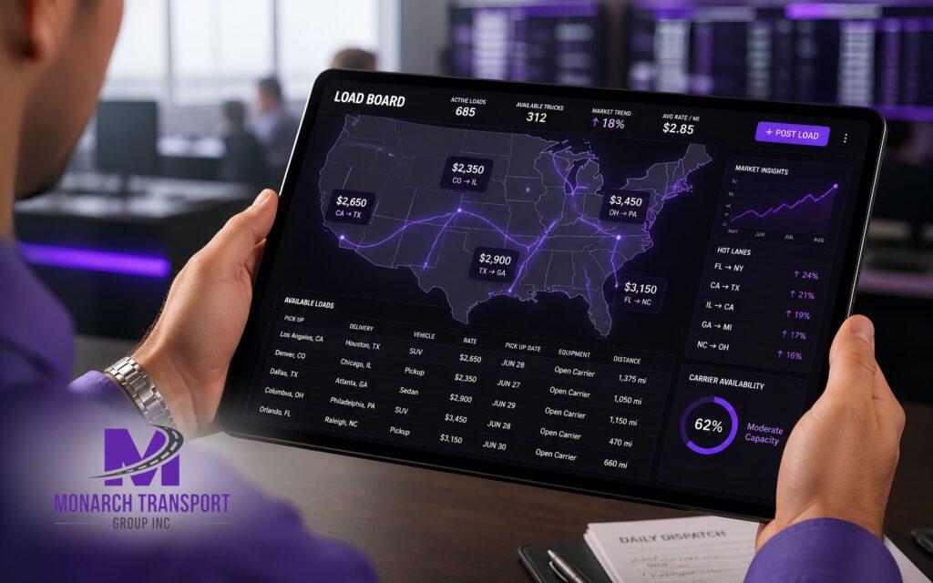 Monarch Why Is Car Shipping So Expensive (11) An auto transport dispatcher analyzing real-time market rates and carrier availability on a digital load board.