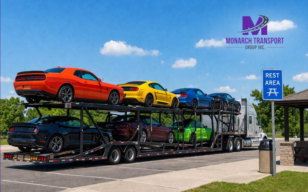 Monarch Why Is Car Shipping So Expensive (14) A row of American cars on an open-air transport trailer under clear summer skies.