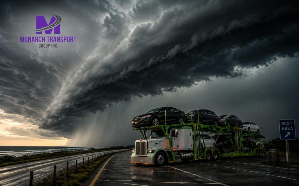 Monarch Why Is Car Shipping So Expensive (9) A car transport carrier parked safely as a summer storm approaches, illustrating the impact of weather on logistics.