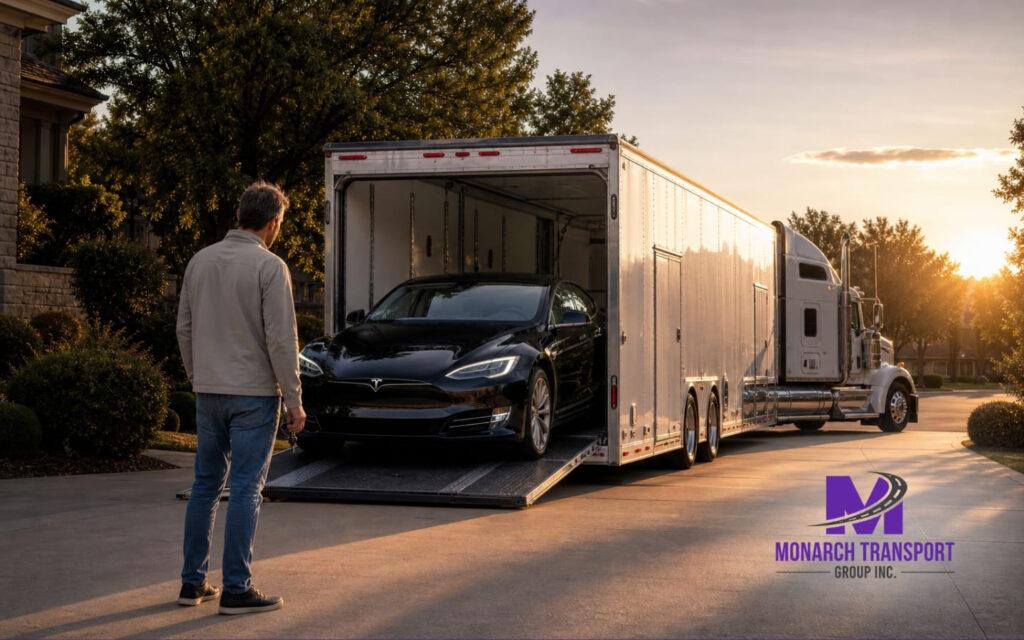 Monarch Auto Transport Broker vs. Carrier Which One Should You Use (2) A luxury electric vehicle being safely delivered to its owner from an enclosed transport trailer at sunset.