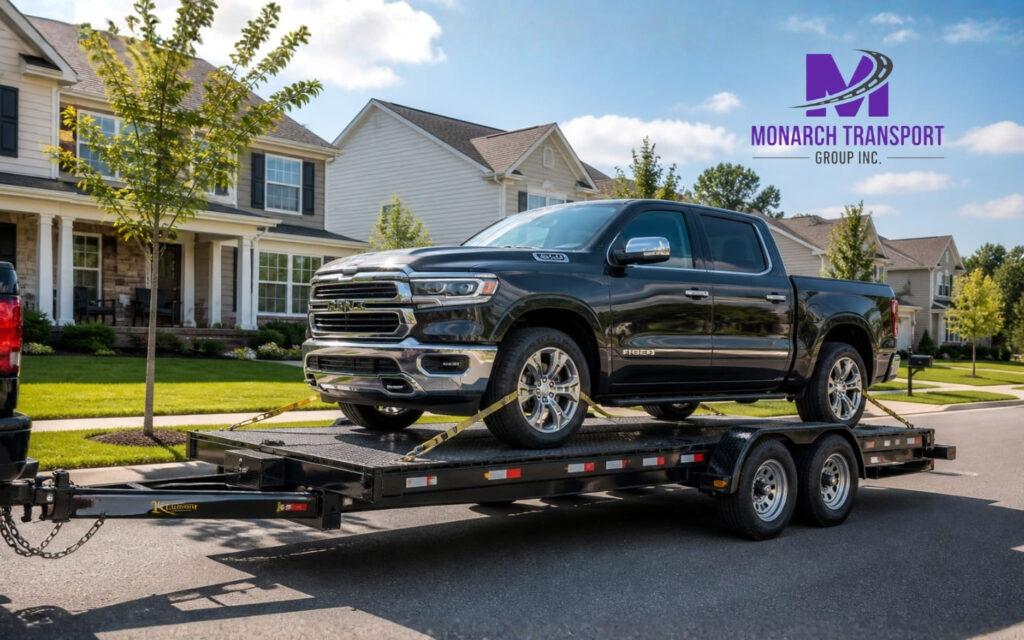 Monarch Auto Transport Broker vs. Carrier Which One Should You Use (3) A single-car flatbed trailer transporting a modern pickup truck for a short-distance regional move.