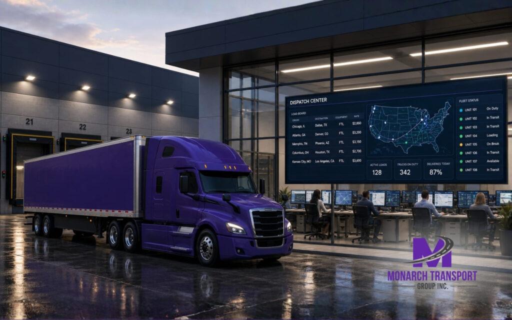 Monarch Auto Transport Broker vs. Carrier Which One Should You Use (4) A modern logistics terminal showing a fleet truck and a digital dispatch center representing dual authority.