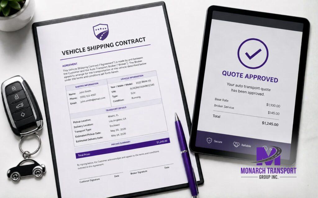 Monarch Auto Transport Broker vs. Carrier Which One Should You Use (5) Professional car shipping contract and keys representing the value and cost-efficiency of transport services.