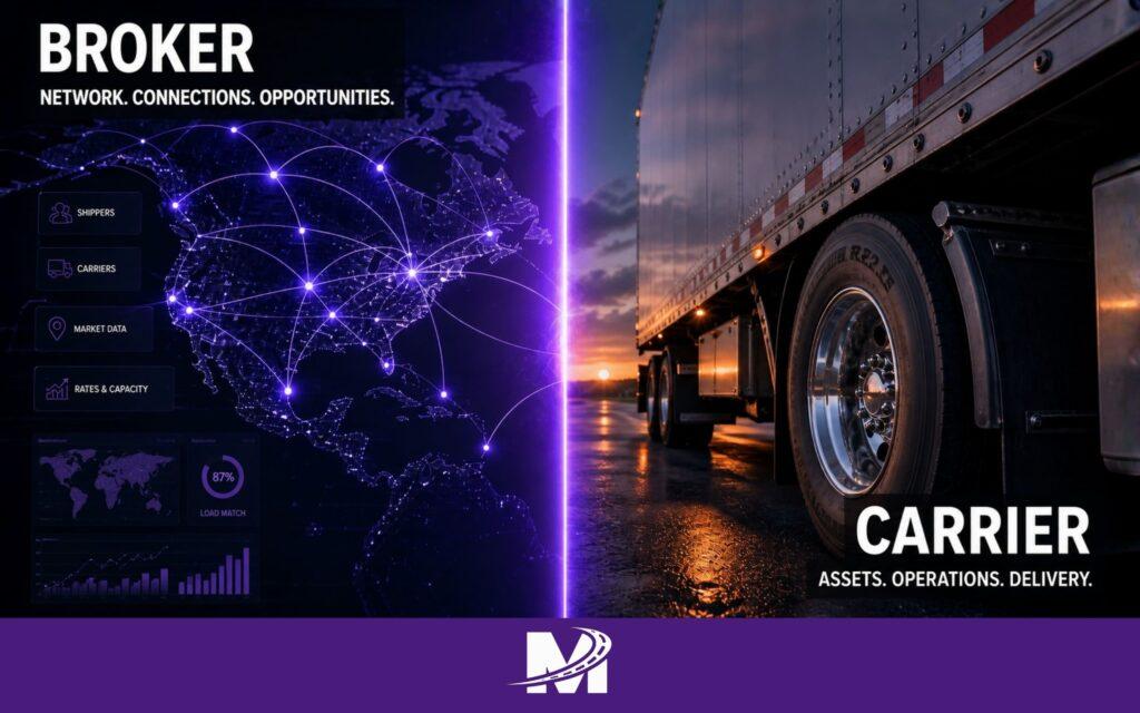 Monarch Auto Transport Broker vs. Carrier Which One Should You Use (6) Conceptual illustration comparing digital logistics networks and physical transport equipment.
