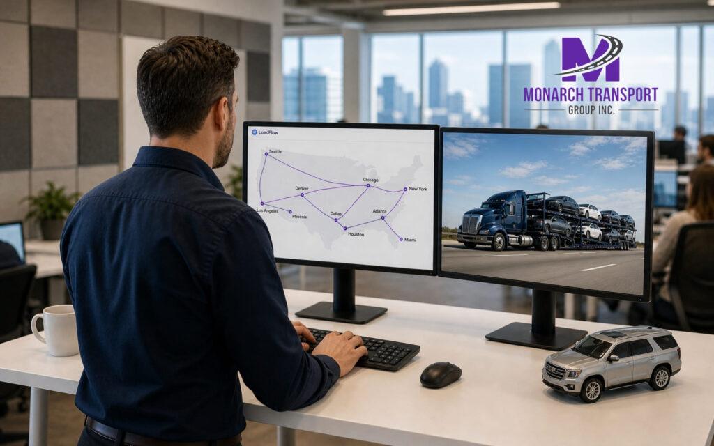 Monarch Auto Transport Broker vs. Carrier Which One Should You Use (7) A logistics manager coordinating vehicle shipments using a digital national network map with purple accents.