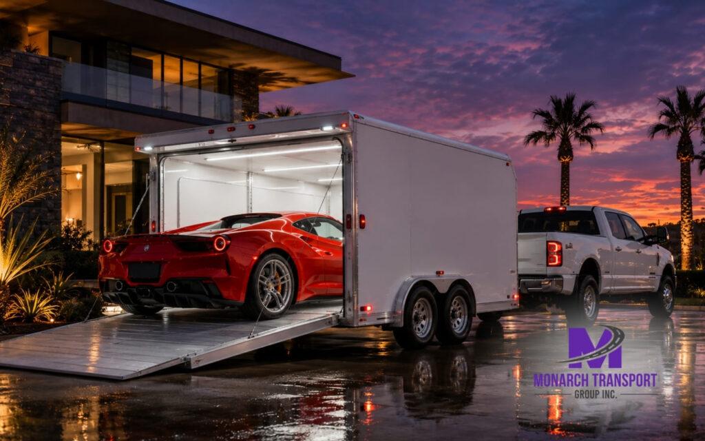Monarch Car Shipping Insurance What's Actually Covered (1) A luxury vehicle being loaded into an enclosed car transport trailer for maximum protection.