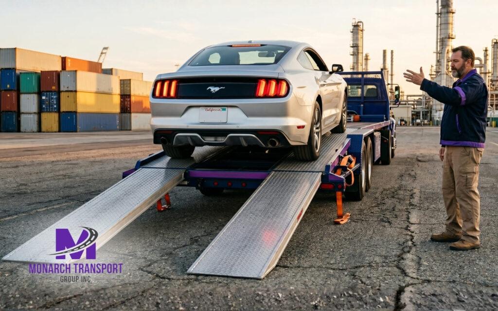 Monarch Car Shipping Insurance What's Actually Covered (4) (1) A modern car being professionally loaded onto an auto transport trailer using metal ramps.