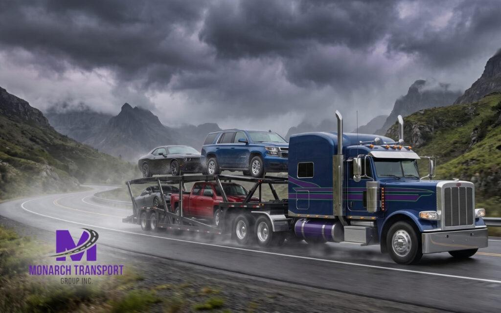 Monarch Car Shipping Insurance What's Actually Covered (5) An open-air car hauler transporting vehicles through a mountain pass, illustrating environmental exposure.
