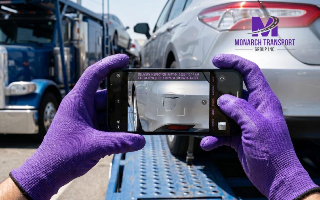 Monarch Car Shipping Insurance What's Actually Covered (6) Taking a detailed photo of a vehicle at delivery for insurance documentation purposes.