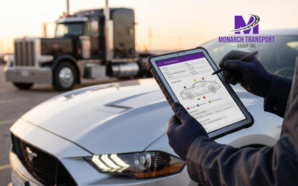 Monarch Car Shipping Insurance What's Actually Covered (7) A vehicle inspection being performed before car shipping to document its condition.
