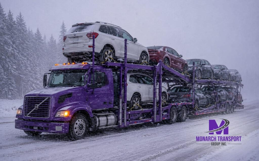 Monarch - Blog Article Illustrations - 2026-06-12T213040.111 Car transport truck safely parked during winter weather delay on American highway