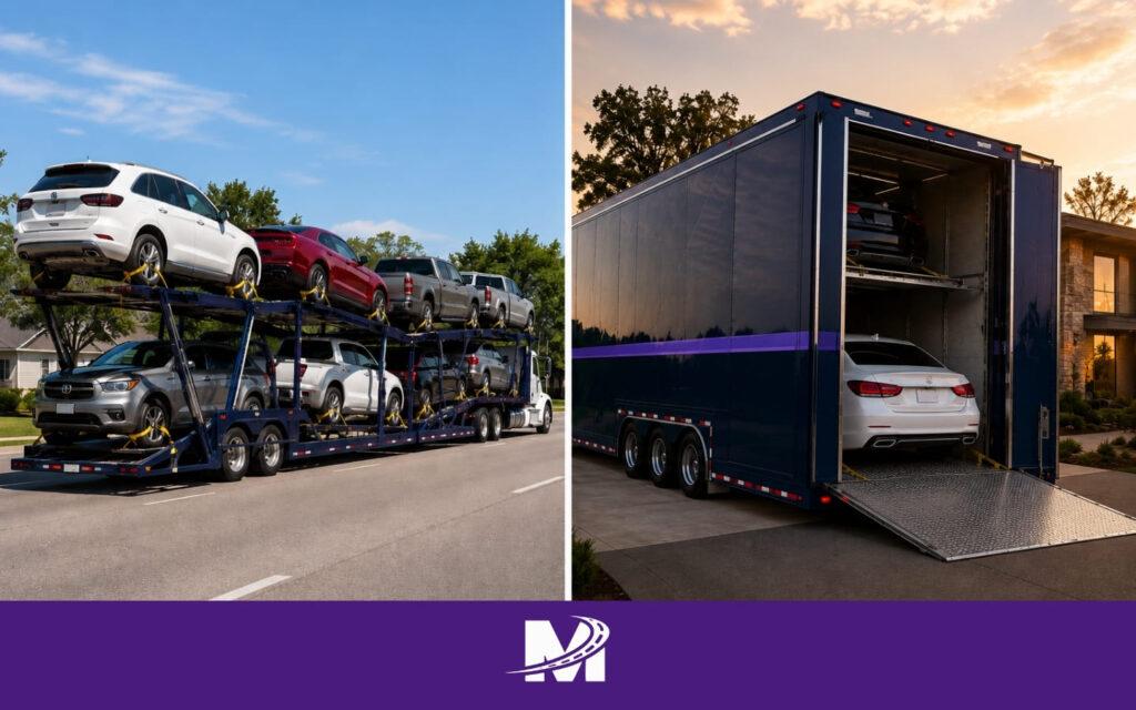 Monarch - Blog Article Illustrations - 2026-06-12T213327.369 Comparison of open and enclosed auto transport trailer capacity affecting shipping timelines