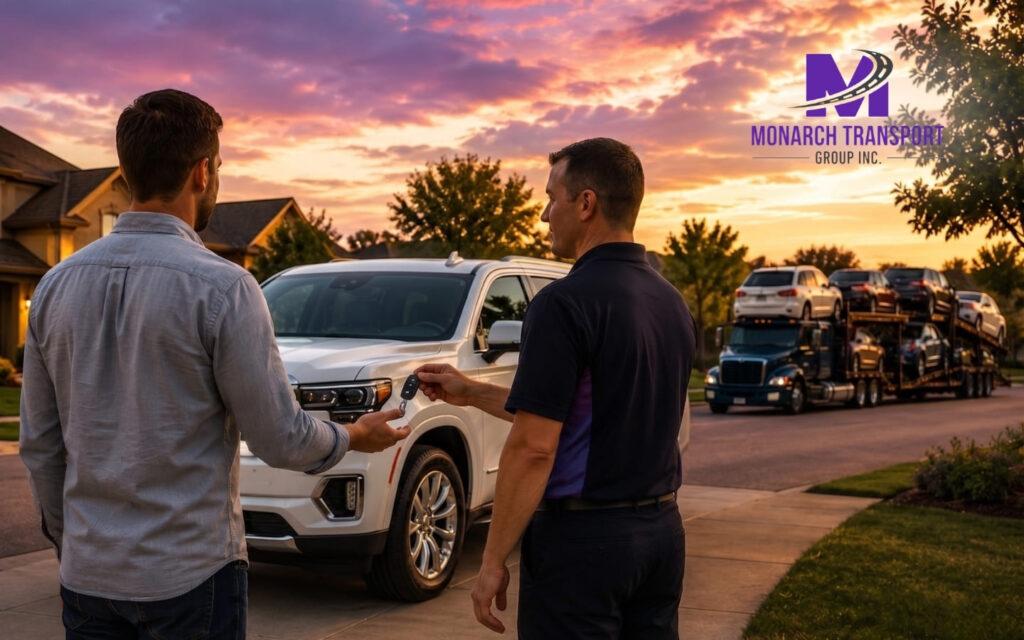Monarch - Blog Article Illustrations - 2026-06-12T213337.428 Car owner receiving vehicle at destination after successful auto transport delivery