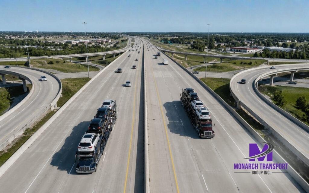 Monarch - Blog Article Illustrations - 2026-06-12T213340.895 Aerial view of American interstate highway interchange showing major auto transport corridors