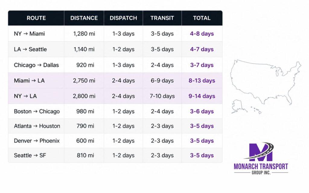 Monarch - Blog Article Illustrations - 2026-06-12T213351.734 Car shipping timeline comparison table for major US routes showing dispatch and transit days