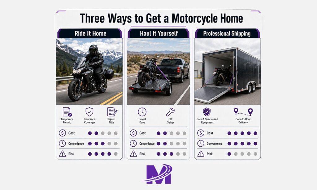 Monarch - Buying a Motorcycle at Auction or Out of State_ Here's How to Get It Home 2 Infographic comparing motorcycle transport methods after purchase.