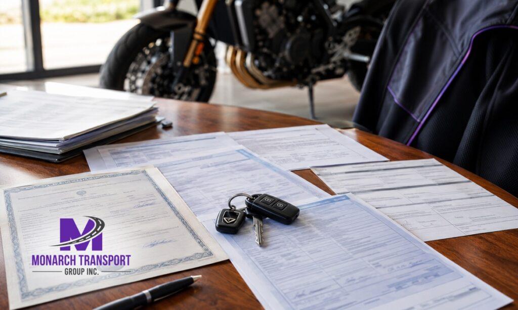 Monarch - Buying a Motorcycle at Auction or Out of State_ Here's How to Get It Home 3 Motorcycle purchase paperwork and temporary permit preparation before interstate ride.